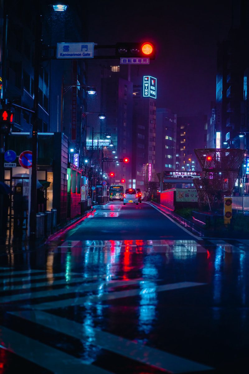 Tokyo nighttime cityscape with neon lights